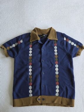 Collectif Vintage Style Navy Knit Button-Up with Brown Collar